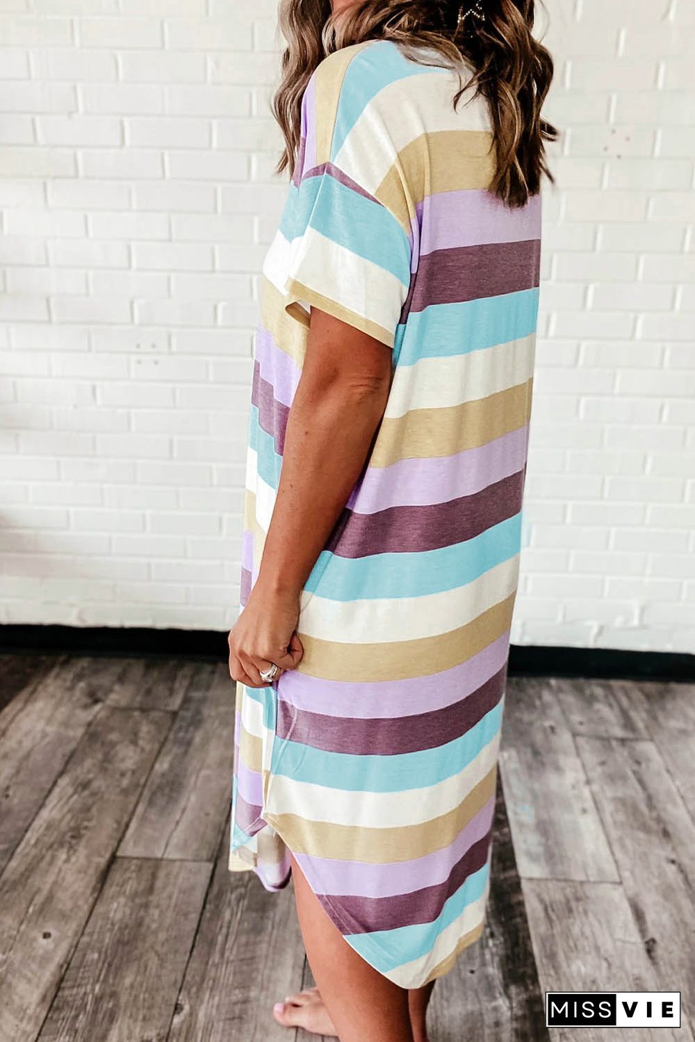 Striped Color Block V Neck T Shirt Midi Dress