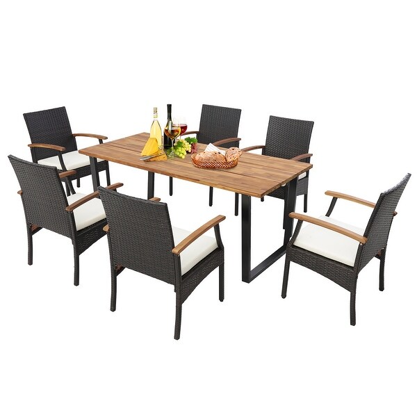 Gymax 7PCS Rattan Dining Set Acacia Wood Table 6 Wicker Chairs w/