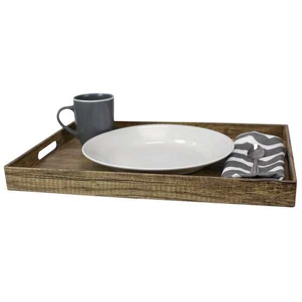 Wood-Like Rustic Serving Tray with Cut-Out Handles， Brown