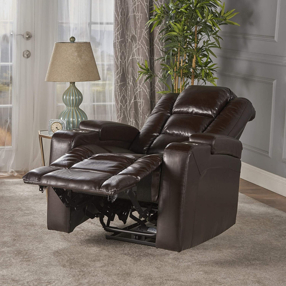 Modern Power Recliner  Faux Leather Seat With Cup Holders and Hidden Storage   Contemporary   Recliner Chairs   by Declusia  Houzz