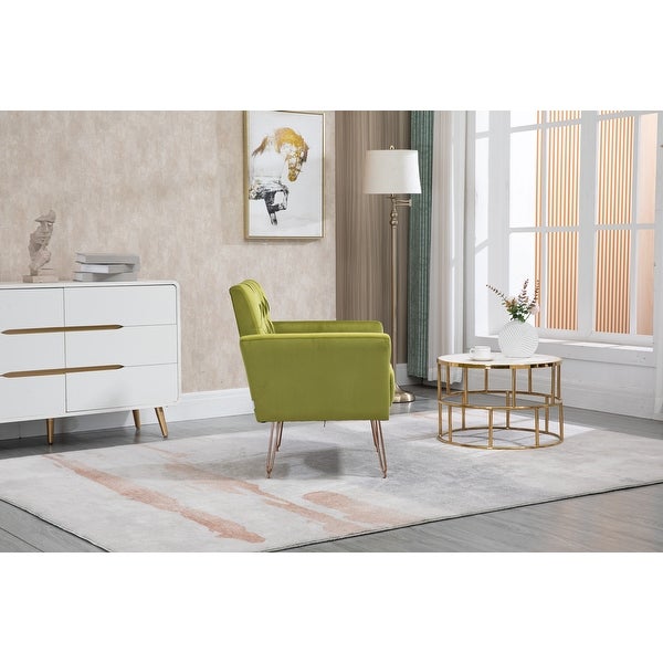 European Style Accent Chair， Velvet Upholstered Leisure Single Sofa with Rose Gold Feet for Living Room， Olive Green