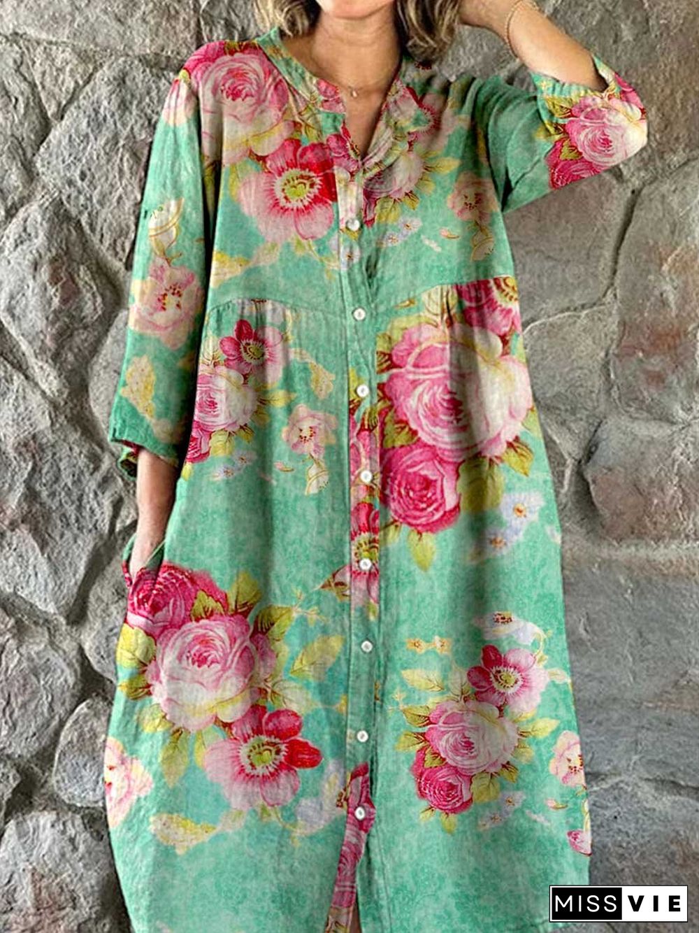 Women's Rose Floral Print Elegant Simple Shirt Cotton and LinenDress