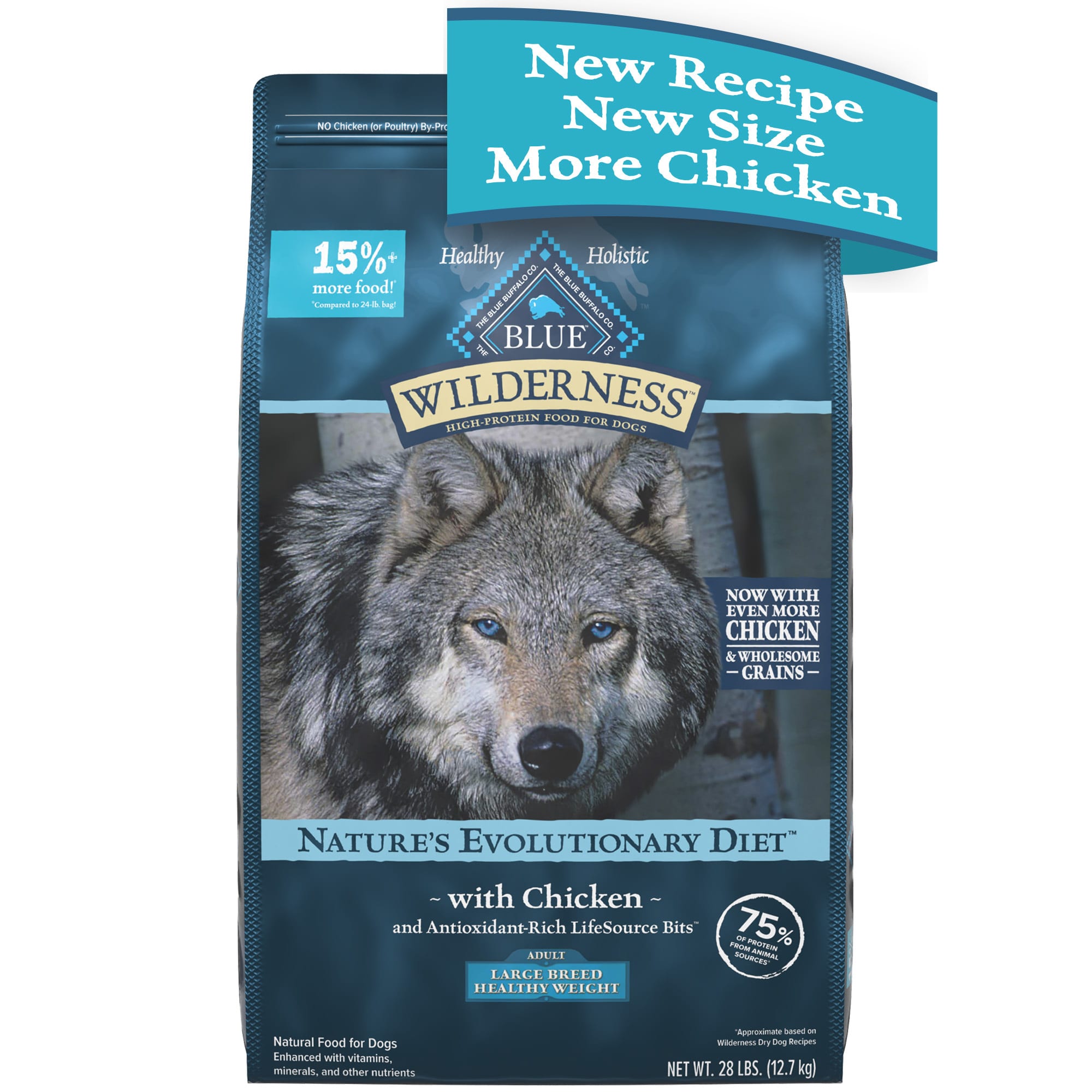 BLUE BUFFALO Blue Wilderness Plus Wholesome Grains Natural Large Breed Healthy Weight Adult Chicken Dry Dog Food， 28 lbs.