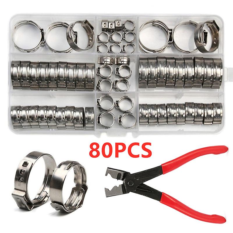 80pcs Single Ear Stepless Hose Clamps 5.8-23.5mm 304 Stainless Steel Hose Clamps Clamp Rings + 1pc Hose Clip Clamp Pliers