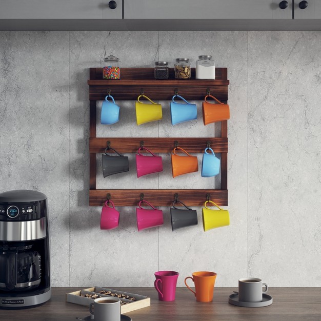 Emma And Oliver Wall Mounted Mug Rack With 12 Coffee Cup Hangers And Built in Shelf For Coffee Sugar amp More