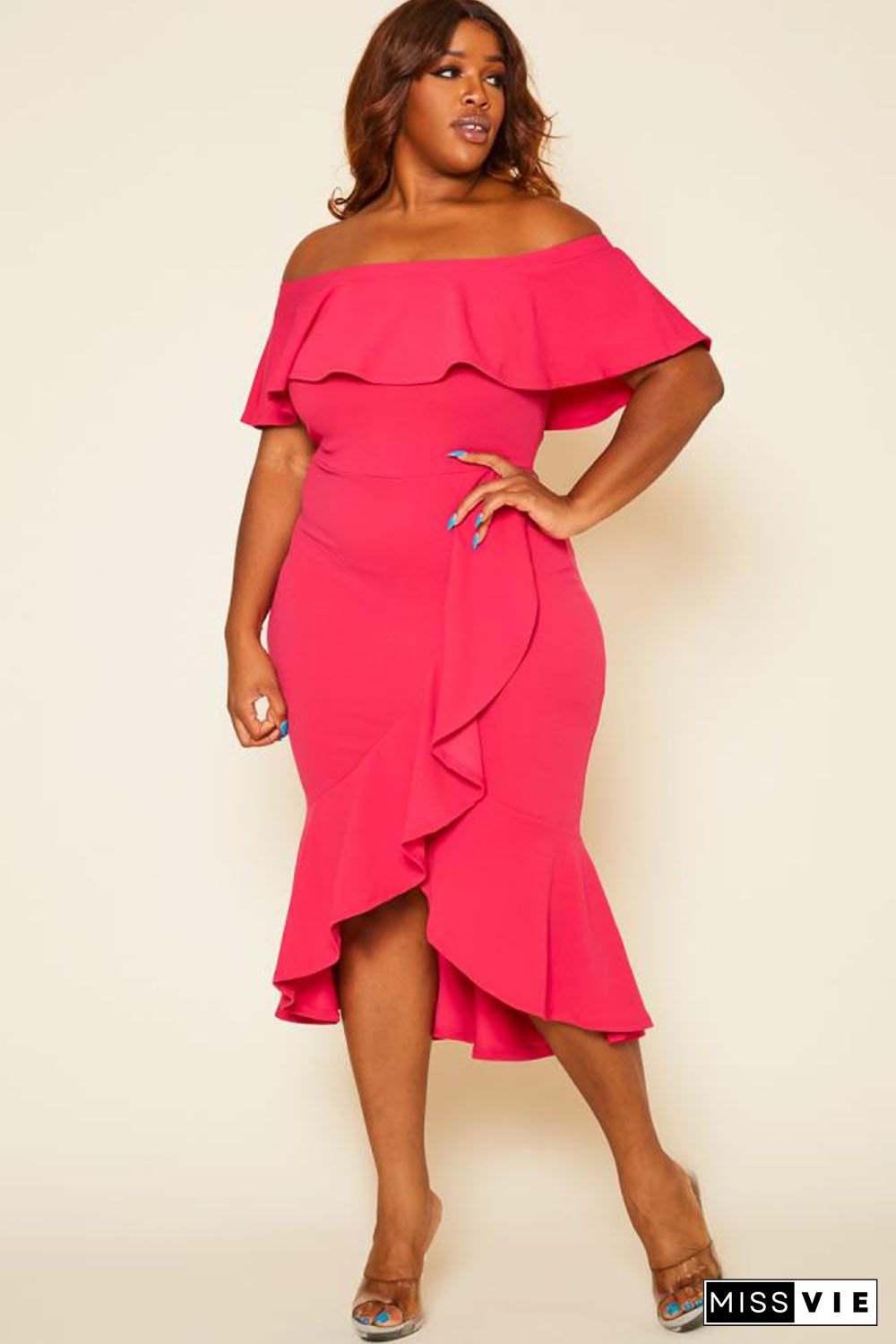 Rose Ruffled Off Shoulder High Low Plus Size Dress