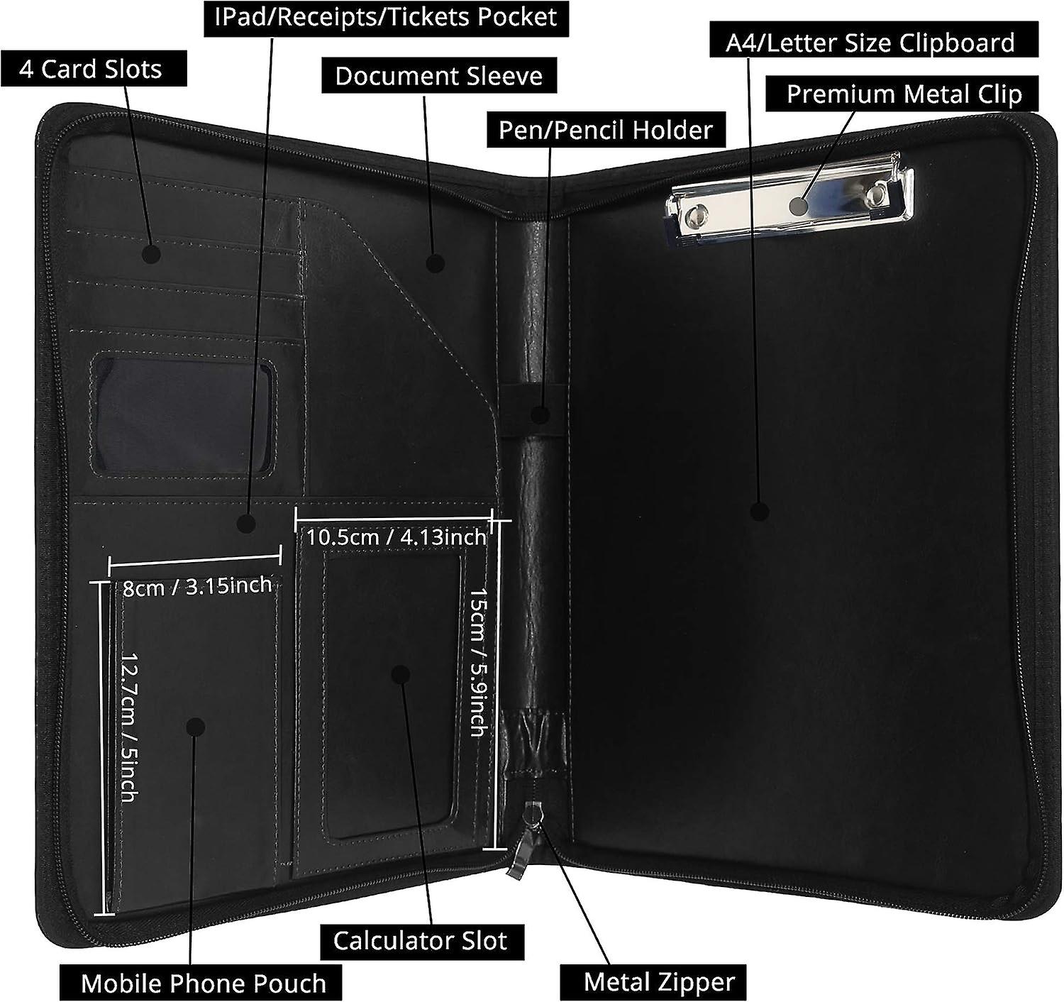 Business Zippered Portfolio Padfolio Pu Leather Folder Interview Resume Legal Document Organizer With A4 Size Black Clipboard