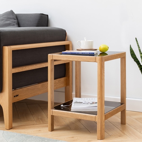 Natural Oak Wood End Table with Tempered Glass