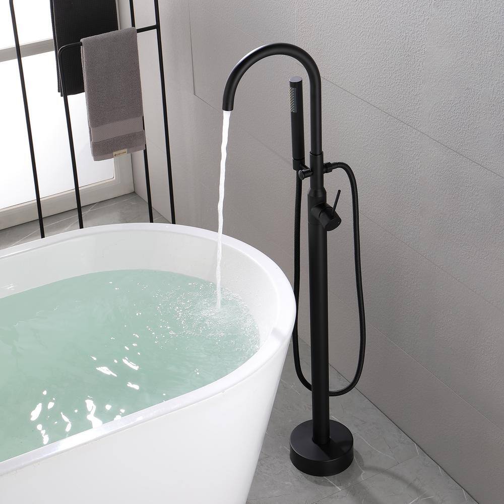 FORCLOVER Freestanding Single-Handle Floor Mounted Roman Tub Faucet Bathtub Filler with Hand Shower in Matte Black GeYSWNK25