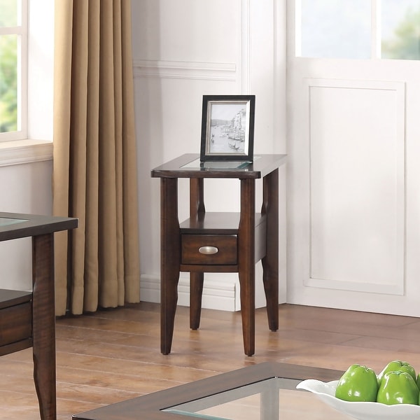 Qui Transitional Walnut Glasstop Side Table by Furniture of America