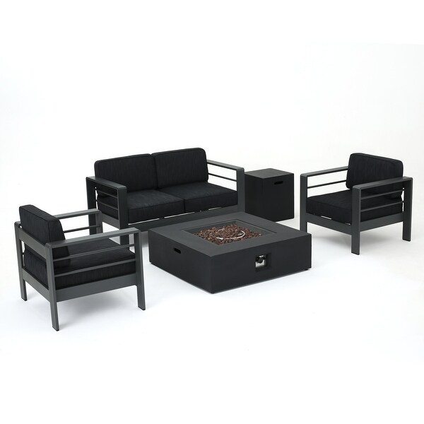 Cape Coral Outdoor Aluminum 5piece Chat Set with Cushions and Fire Table by Christopher Knight Home