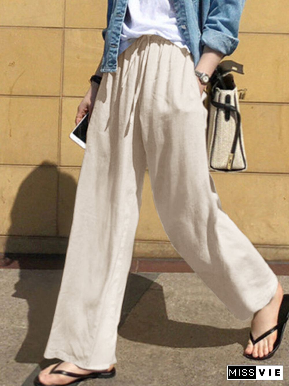 Solid Pocket Drawstring Elastic Waist Wide Leg Pants