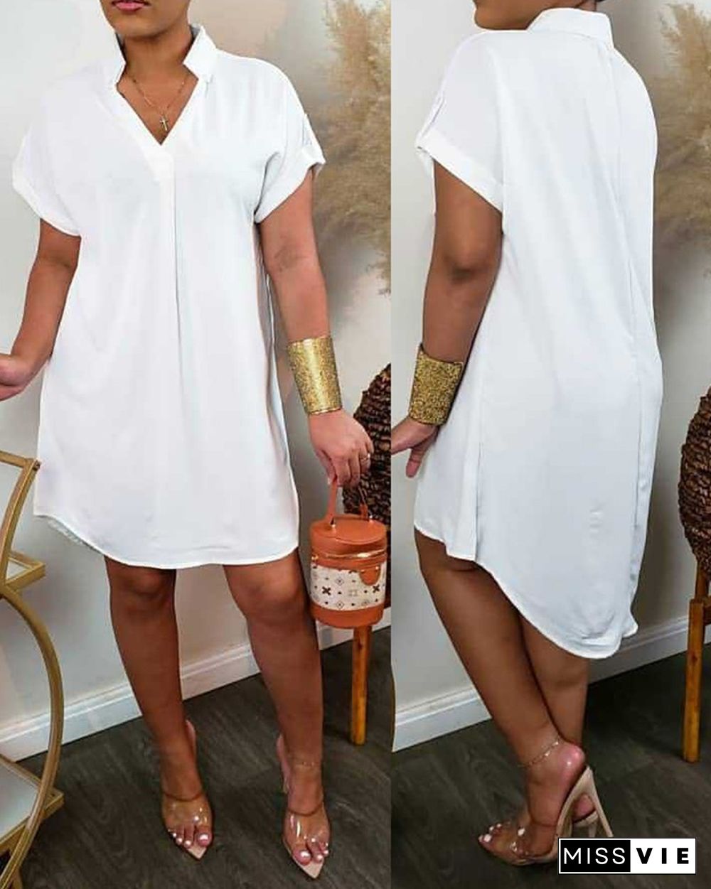 Plain Short Sleeve Casual Shirt Dress