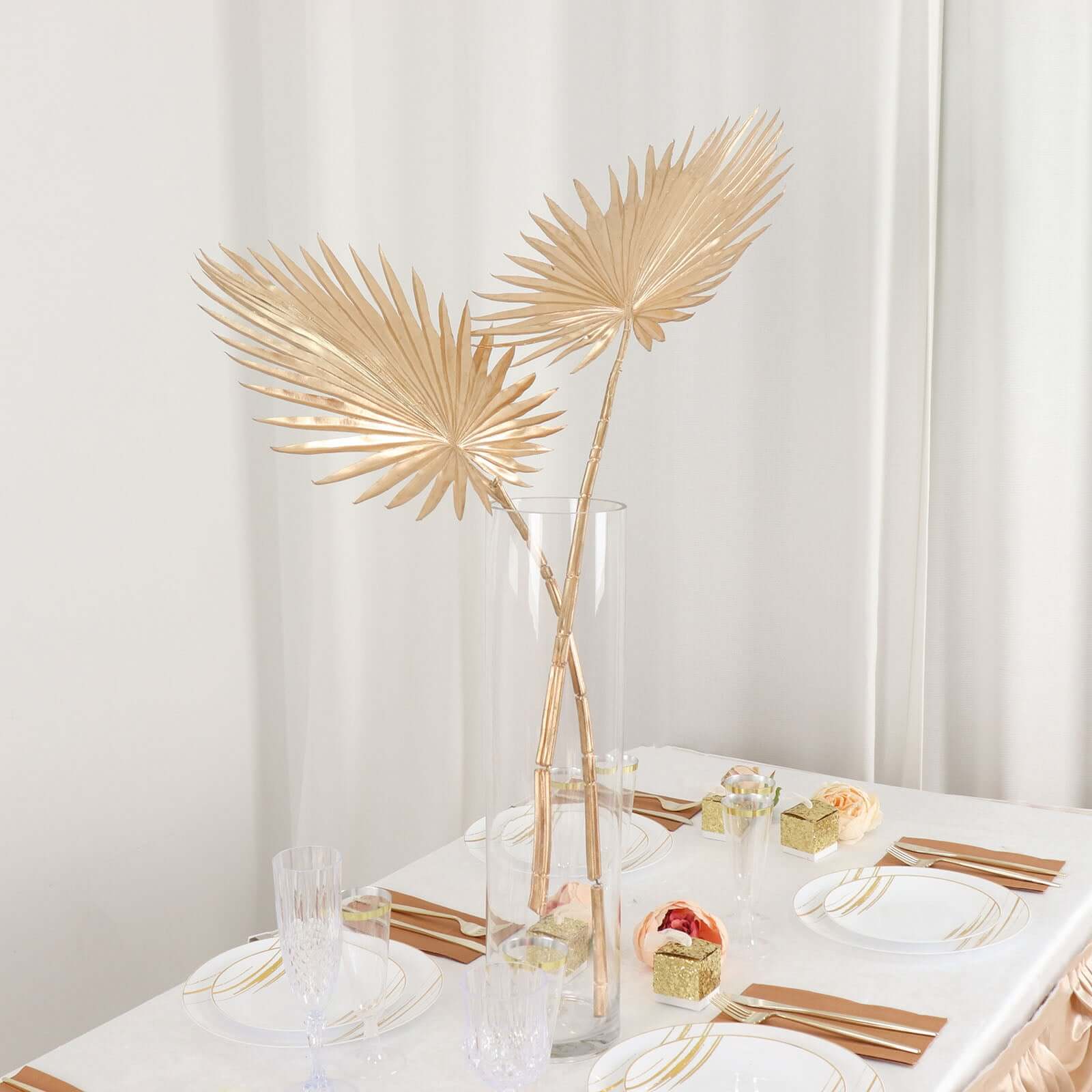 2 Pack Shiny Golden Artificial Tropical Plant Fan Palm Leaf Stems, Faux Floral Arrangements Table Centerpiece Decor 34