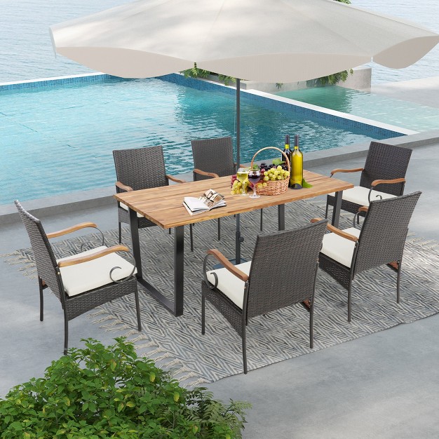 Costway 7 Pcs Patio Rattan Dining Set Acacia Wood Table 6 Wicker Chairs With Umbrella Hole