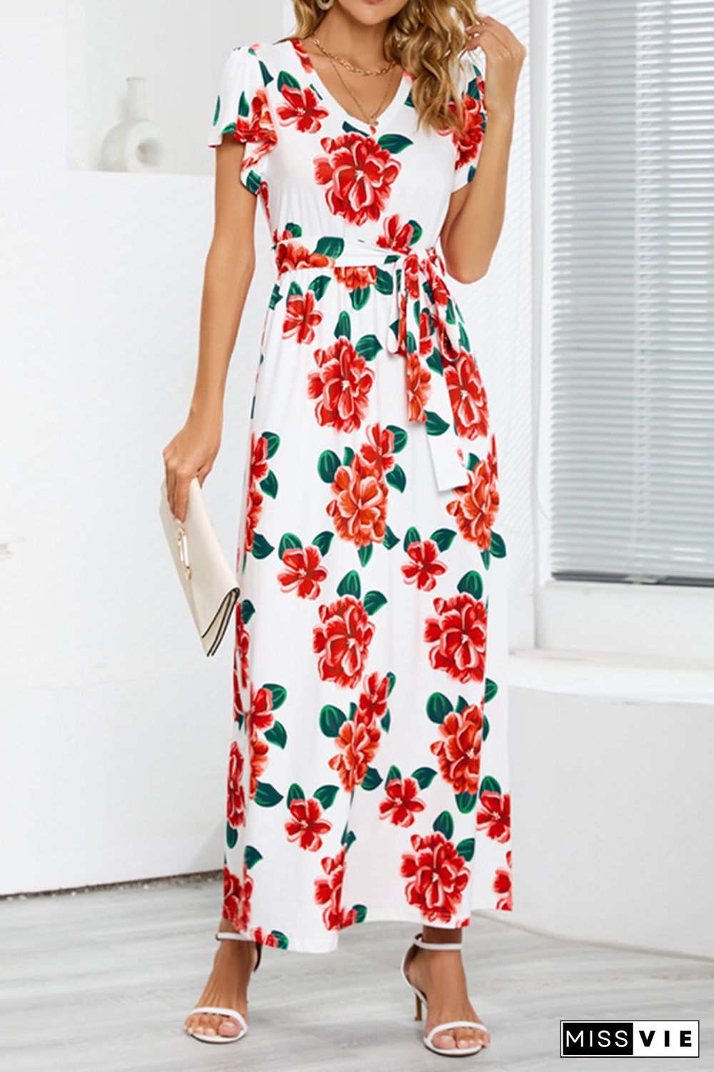 V Neck Short Sleeves Floral Maxi Dress