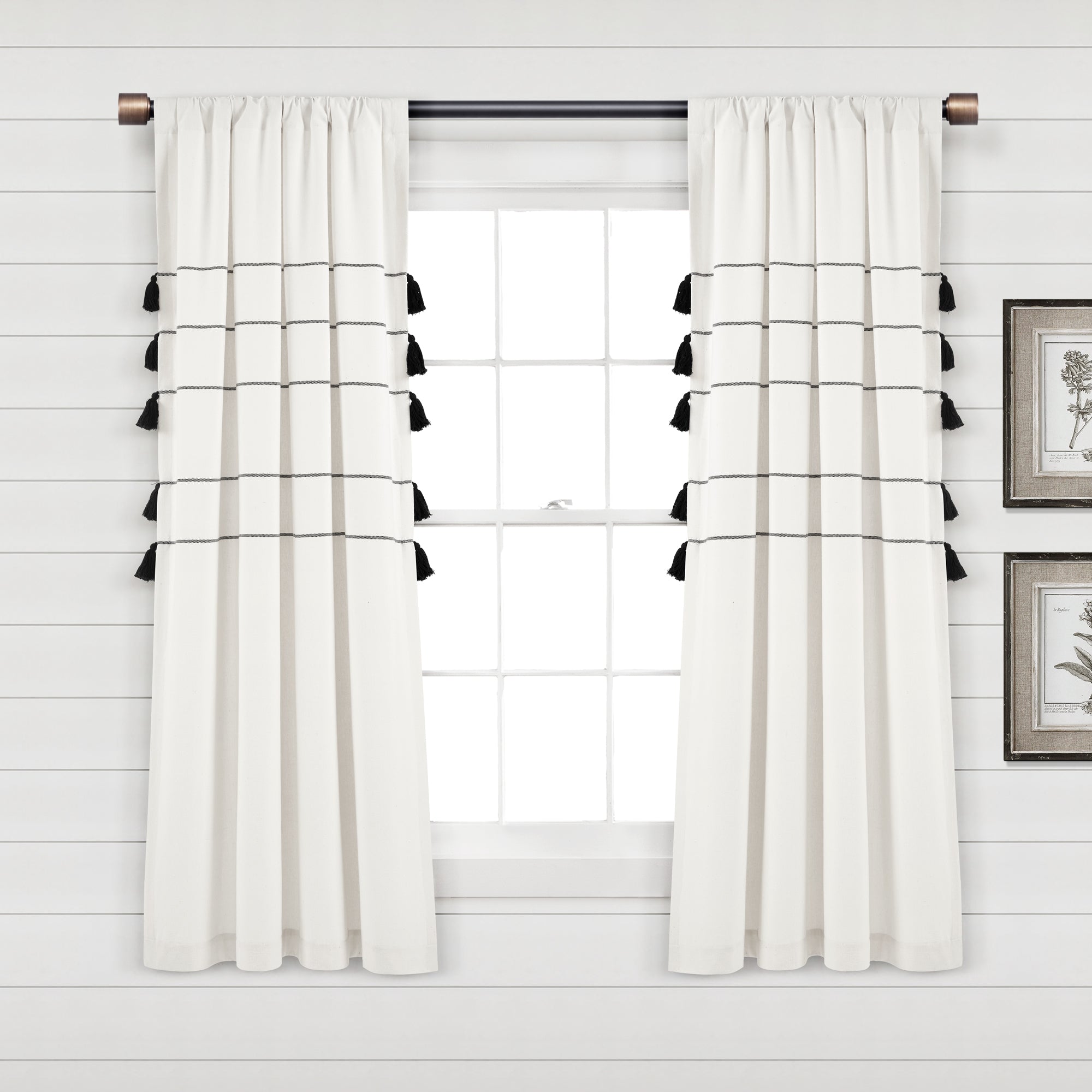 Farmhouse Boho Stripe Woven Tassel Yarn Dyed Recycled Cotton Window Curtain Panel Set