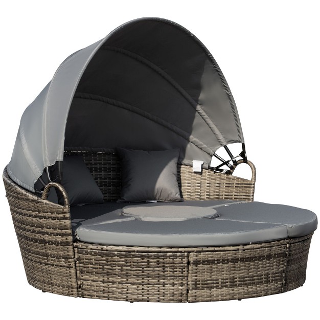 Outsunny Round Daybed 4 Pieces Cushioned Outdoor Rattan Wicker Sunbed Or Conversational Sofa Set With Sun Canopy Gray