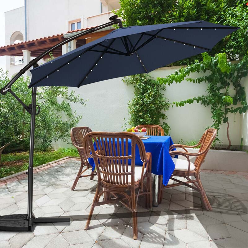 10 FT Patio Offset Umbrella with Solar Lights 360° Rotation Outdoor Market Umbrella with Crank Handle & Cross Base