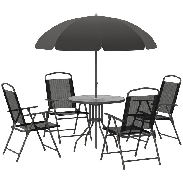 Outsunny 6 Piece Patio Dining Set For 4 With Umbrella 4 Folding Dining Chairs amp Round Glass Table For Garden Backyard And Poolside