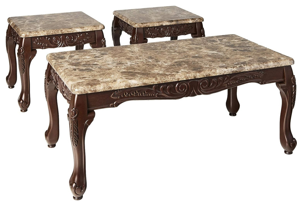 3 Pieces Coffee Table Set  Cabriole Wooden Legs With Faux Marble Top  Dark Oak   Victorian   Coffee Table Sets   by Decor Love  Houzz