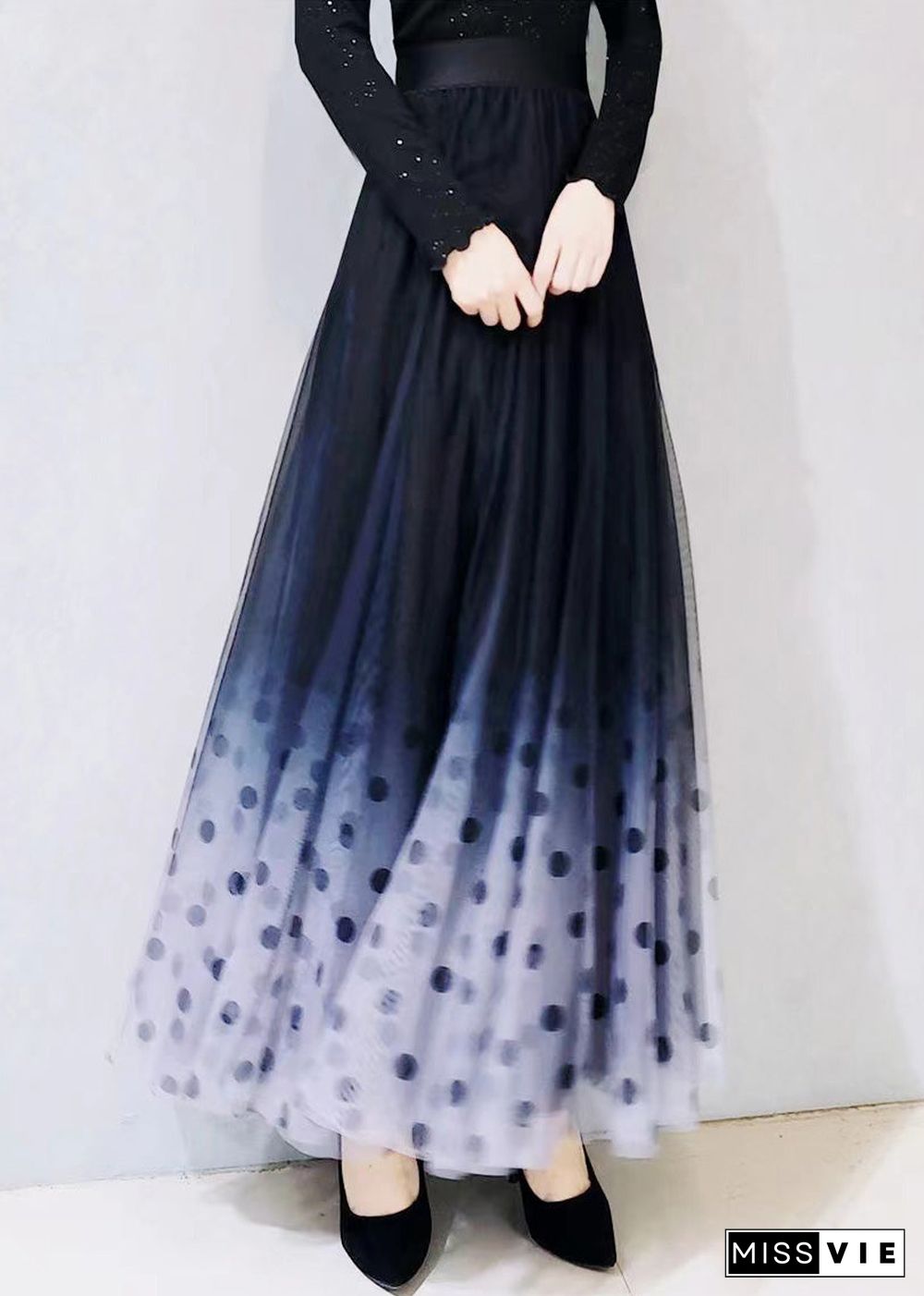 Gradient Color Blue Dot High Waist Tulle A Line Skirts Spring