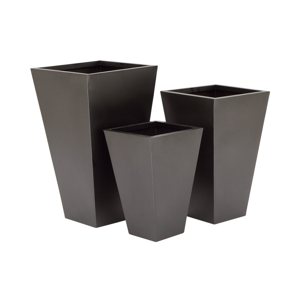 Black  Gray or Silver Metal Contemporary Planter with Tapered Base and Polished Exterior (Set of 3)