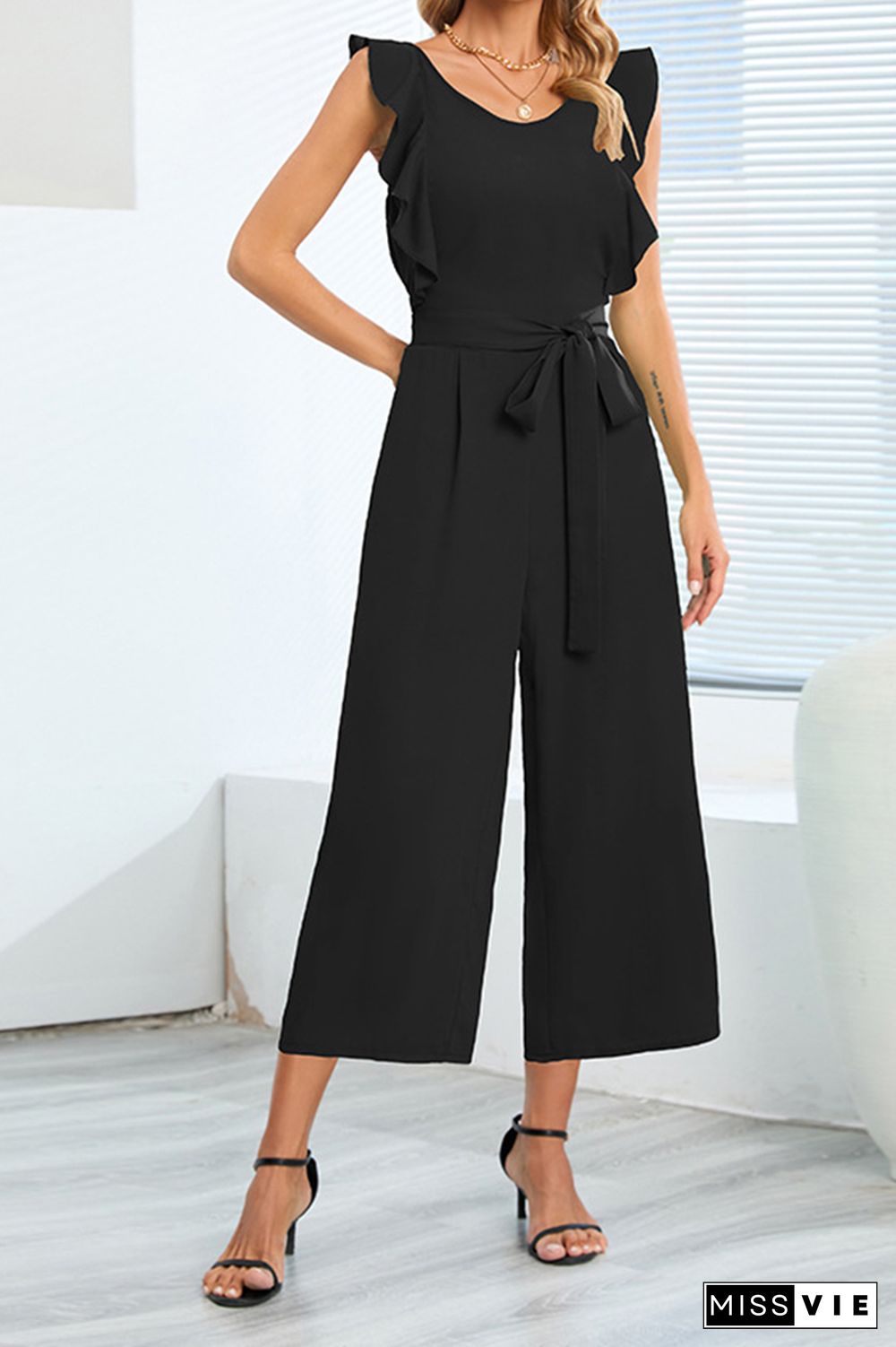 Plain Flutter Sleeveless Wide Leg Jumpsuit