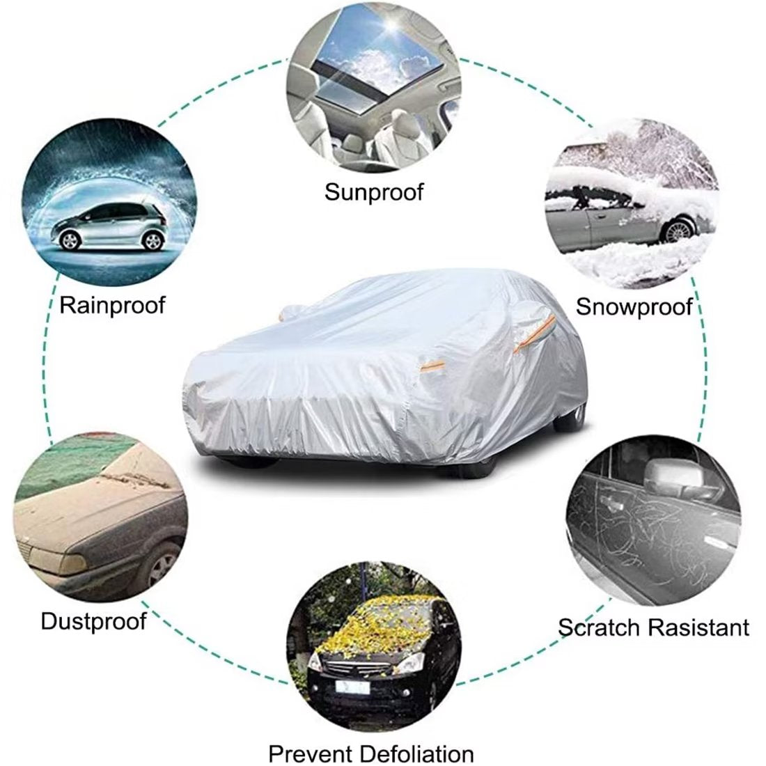 KouKou Car Cover for Automobiles Waterproof All Weather， Size H3 Fit for Saden Length 176 to 185 inch， Silver