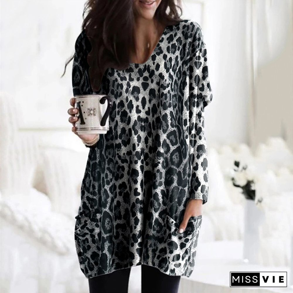 Women Autumn Fashion Sexy Leopard Print Long Sleeve T-shirt V Neck Shirt Irregular Hem Pockets Tunic Tops Blouses