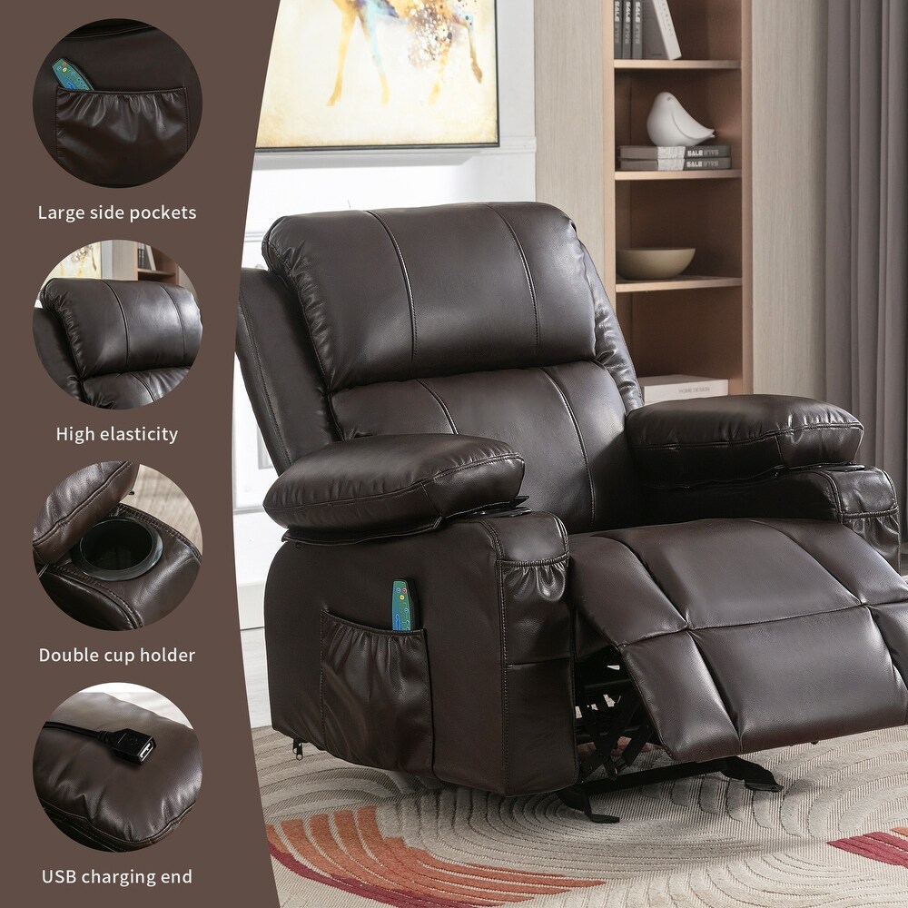 Oversized Heat Recliner Chair Massage Sofa w/USB Port   Cup Holders Brown