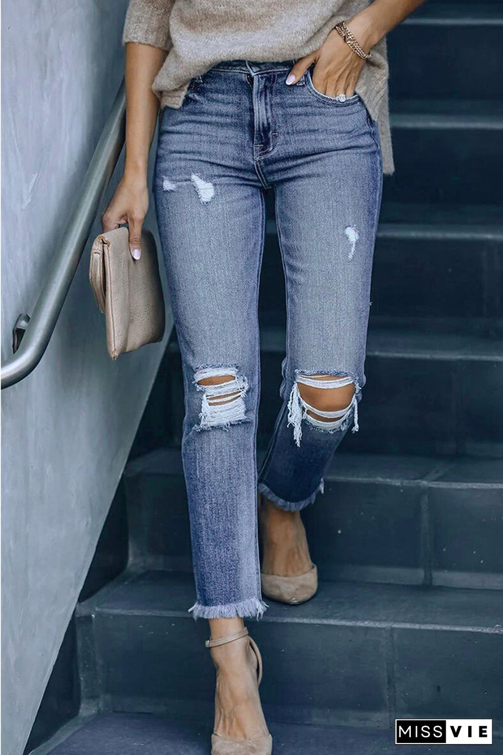 Ripped Mid Waist With Tassels Jeans Wholesale