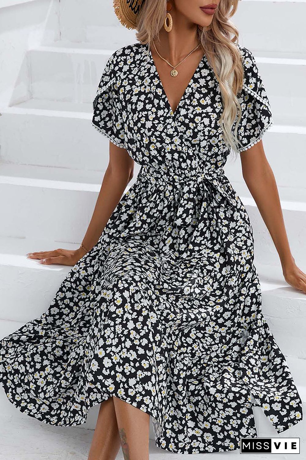 Wrap V Neck Tulip Sleeves Maxi Floral Dress