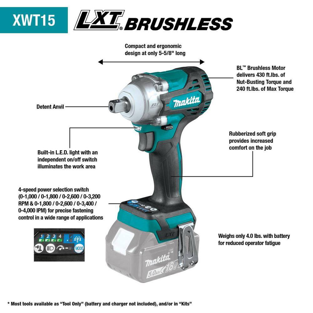 Makita 18V LXT Lithium-Ion Brushless Cordless 4-Speed 12 in. Impact Wrench with Detent Anvil (Tool-Only) XWT15Z