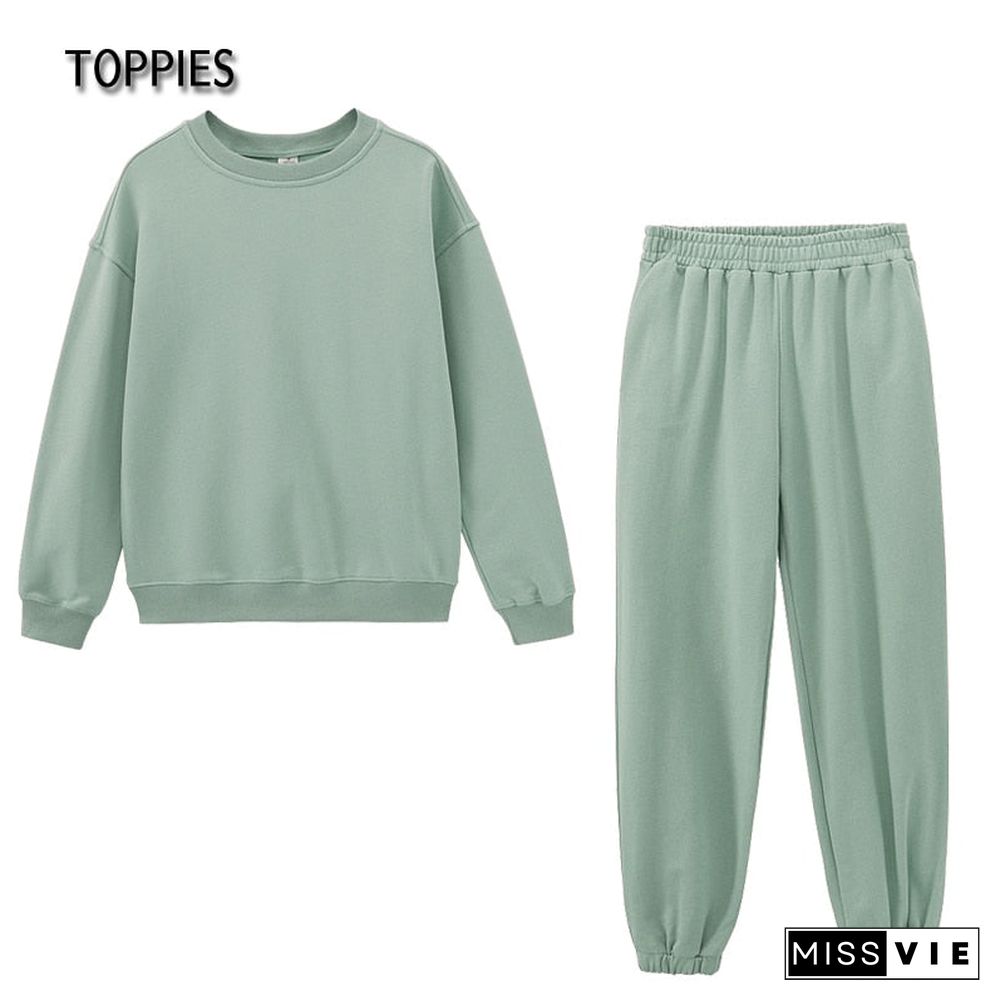 Toppies Casual Oversized Two Piece set woman Suit Female Tracksuit Pant O-neck Sweatshirts White Sweatpants