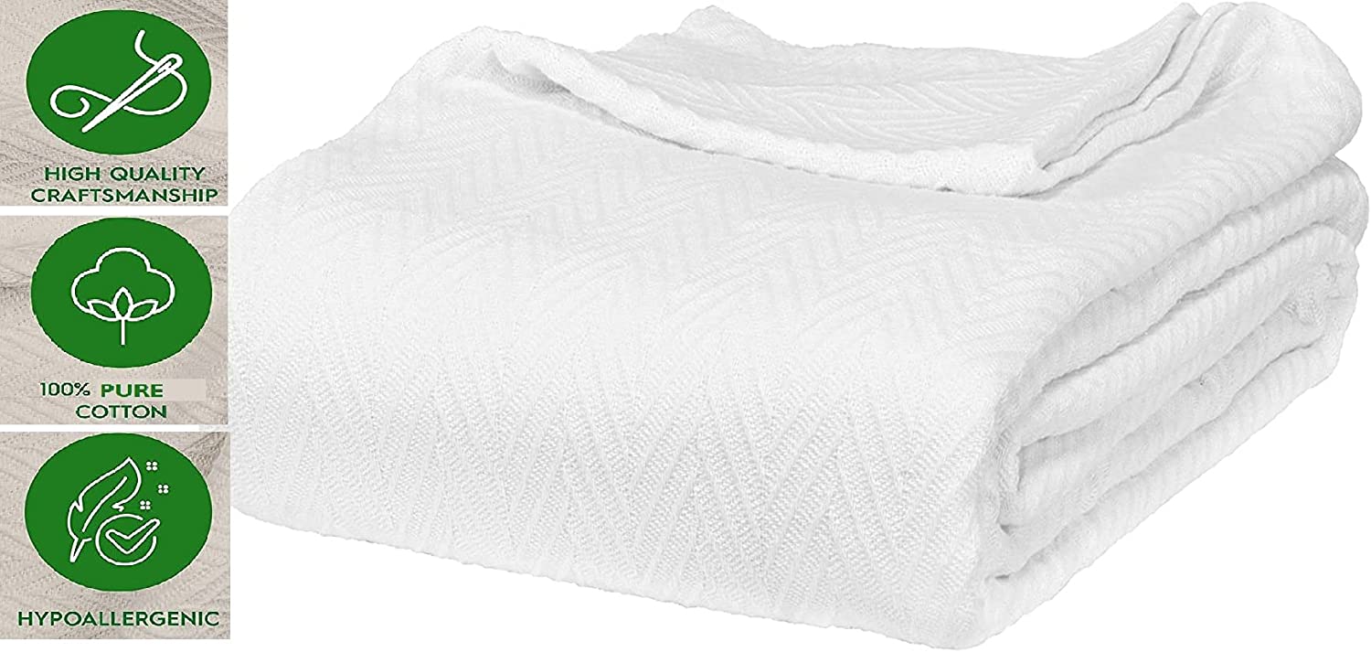 Eurotex 100% Cotton Blanket Queen 90 x 90 inches， Summer Lightweight Soft Breathable Blanket， White