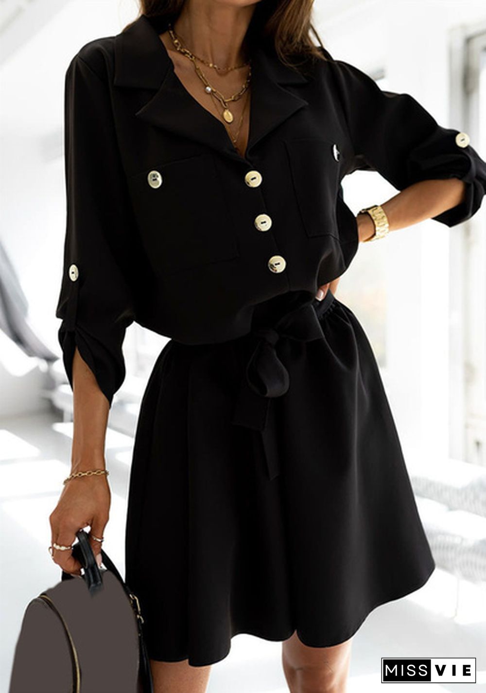 OL Style Turn-down Collar Long Sleeves Buttons Shirt Dress Collect Waisted Mini Pocket Dress Vestidos Casual