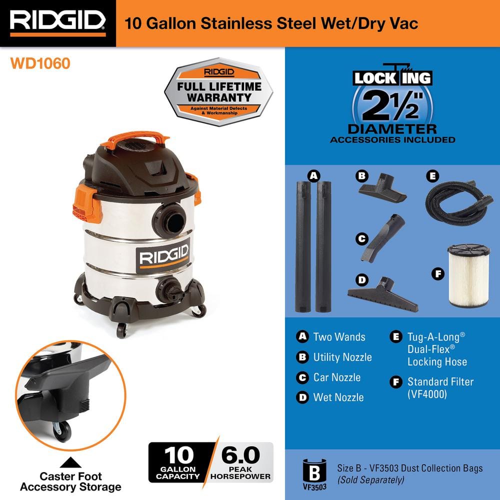 RIDGID 10 Gallon 6.0 Peak HP Stainless Steel Wet/Dry Shop Vacuum with Filter, Locking Hose and Accessories WD1060