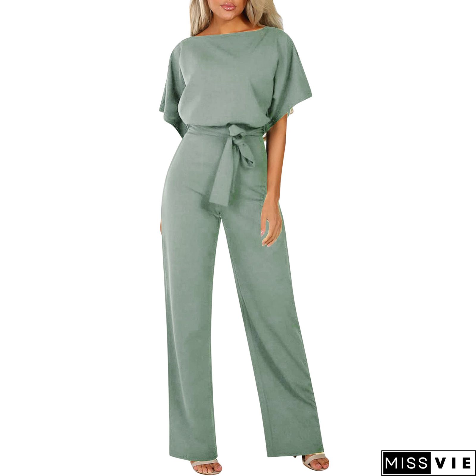 Women's Jumpsuits Lapel Flare Long Sleeve Belted Jumpsuit