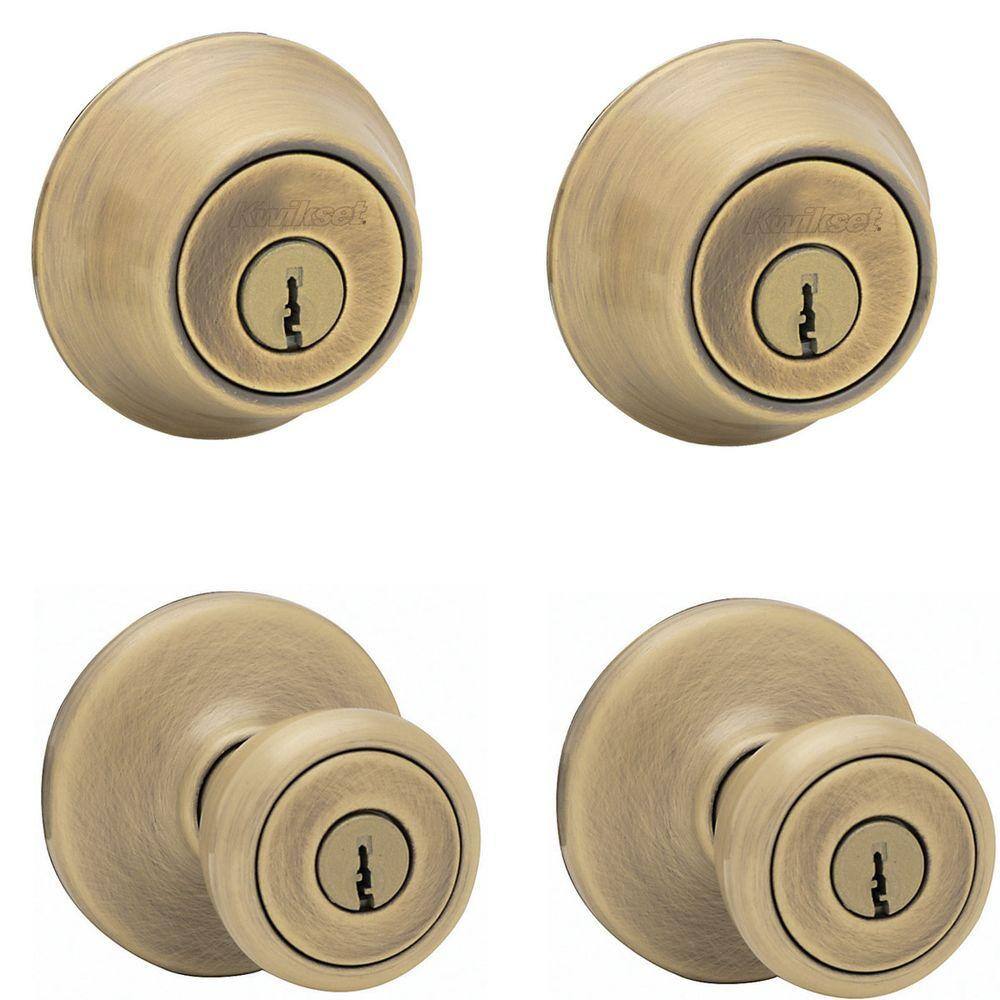 Kwikset Tylo Antique Brass Exterior Entry Door Knob and Single Cylinder Deadbolt Project Pack 242T 5 CP