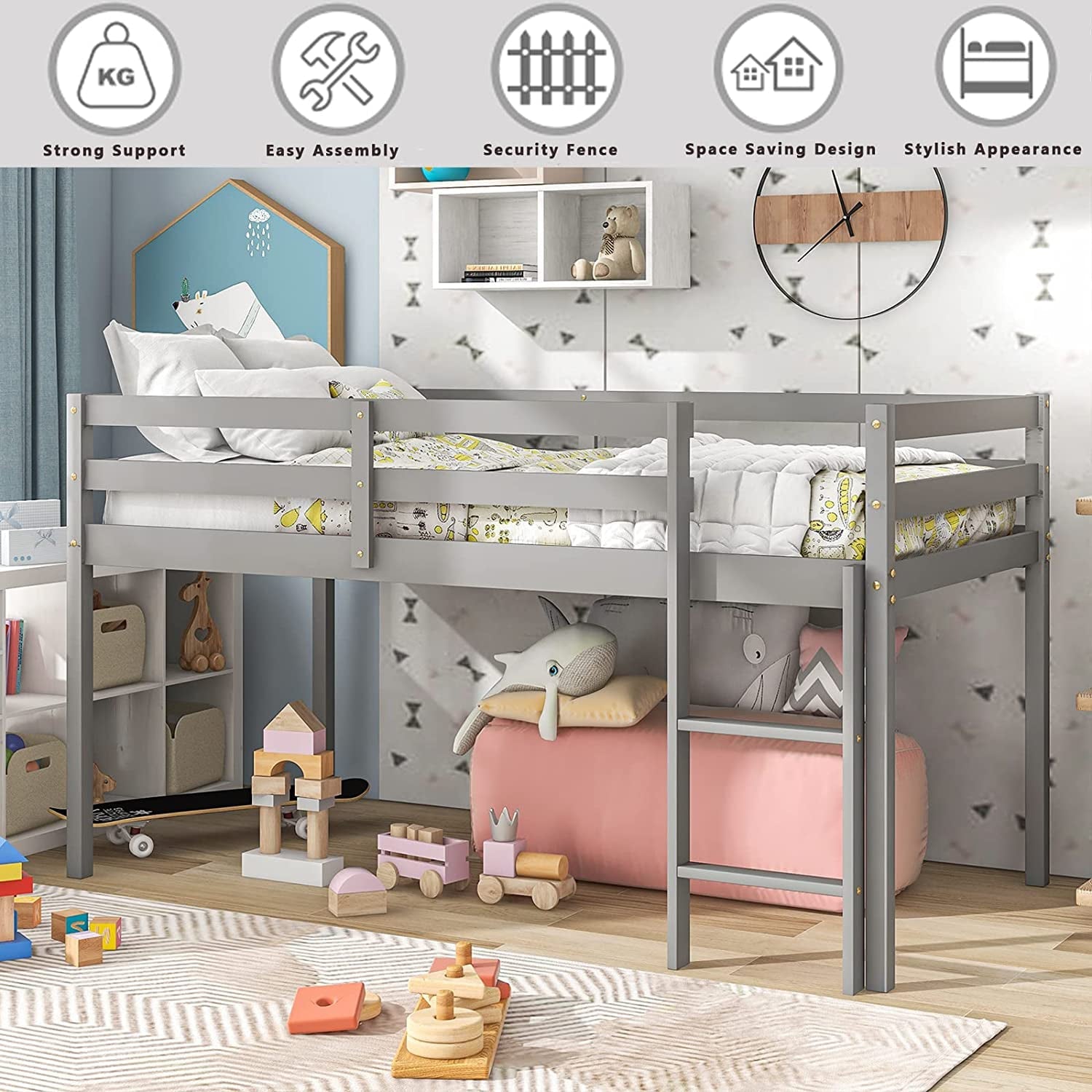 Twin Wood Loft Bed with Full-length Safety Rail and Ladder, Modern Twin Size Loft Bed Frame for Kids Teens Adult, Space Saving Bedroom Low Loft Bed, No Box Spring Needed, Gray, J2319