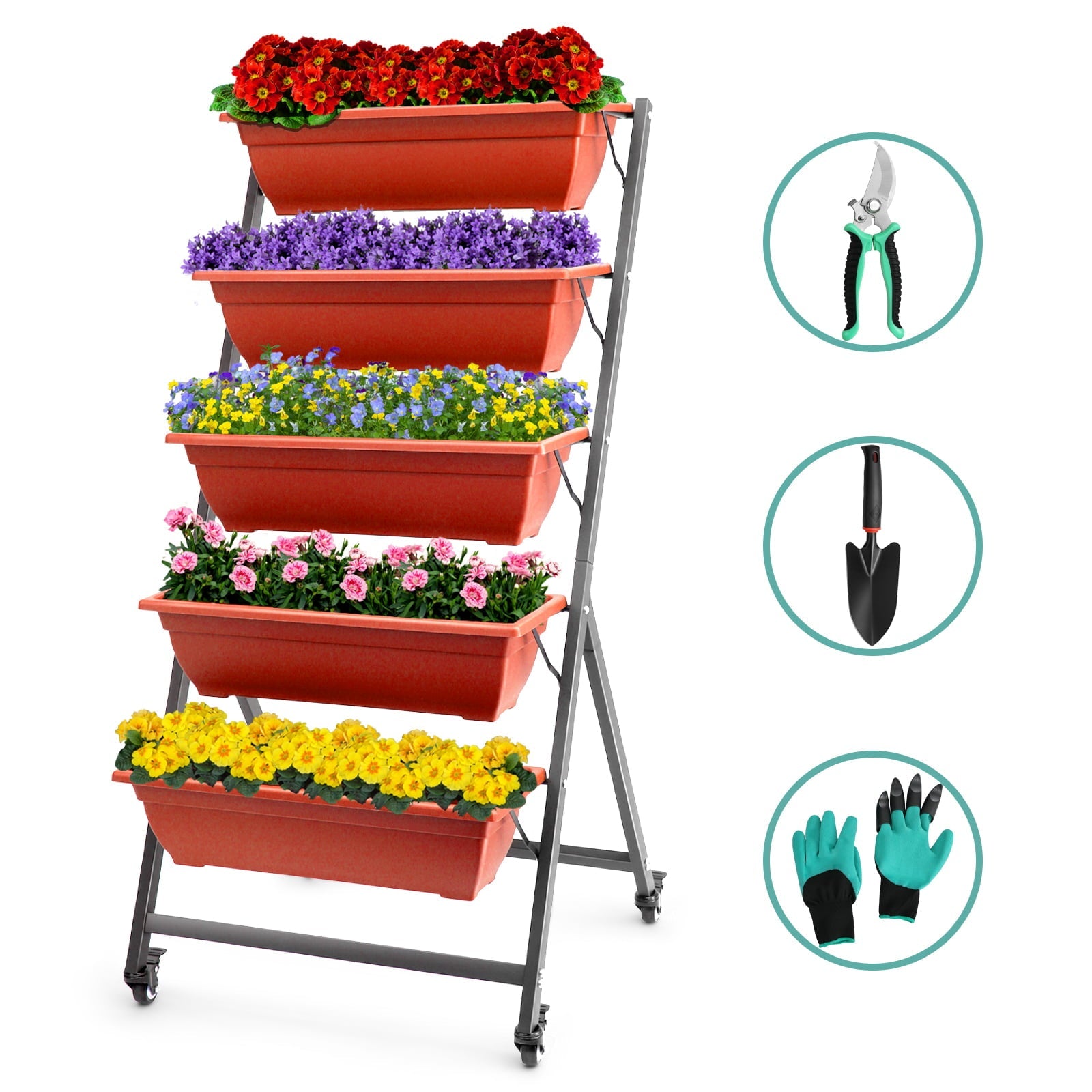 4.5 FT Height Vertical Garden Planter Removable Pale Brown Raised Bed Box with 5 Container Boxes,Digging Claw Gloves,Trowel,Purning Shears for Outdoor Vegetables Flowers