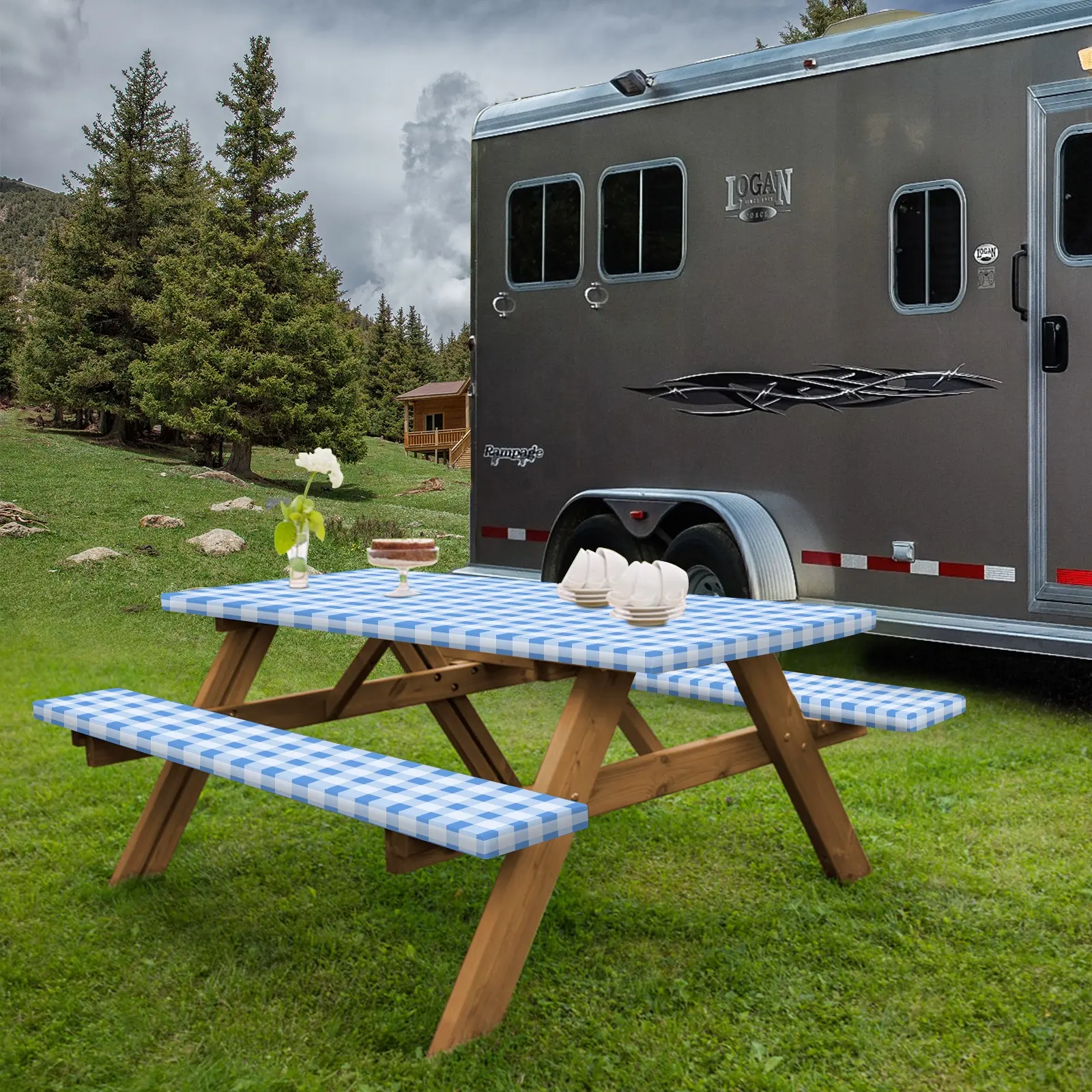 DE0408 Tablecloth and Seat Covers for Party and Outdoor Picnic Table Bench Cover for  RV Camping Accessories