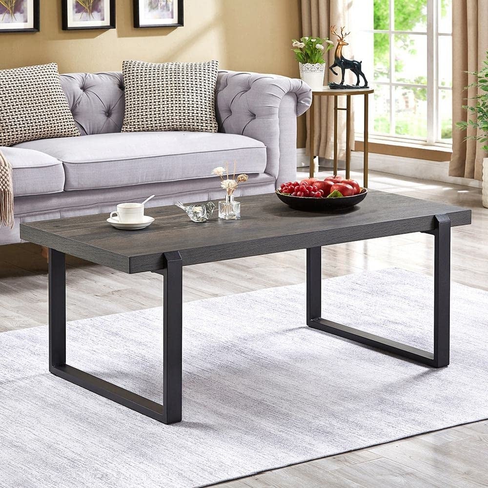 Coffee Table， Rustic Wood and Metal Center Table， Modern Cocktail Table for Living Room， Grey