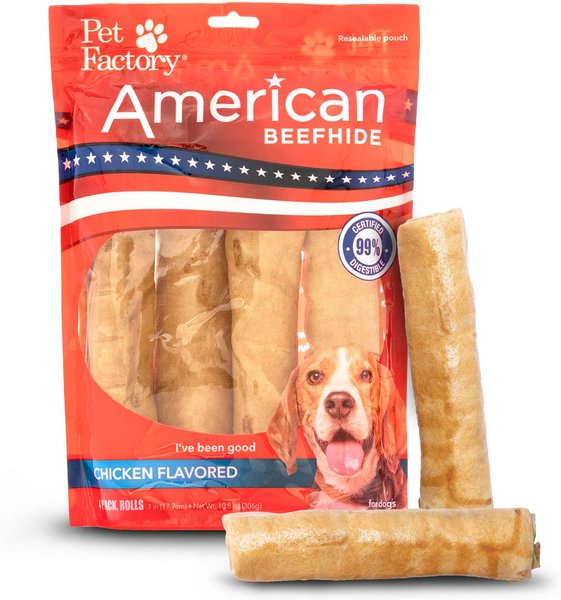 Pet Factory American Beefhide 7-inch Rolls Chicken Flavored Chewy Dog Treats， 4 count