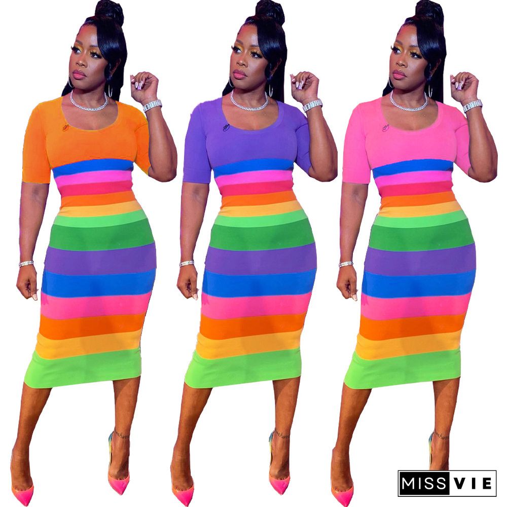 Rainbow Striped Print Body-shaping Short Sleeve Dress