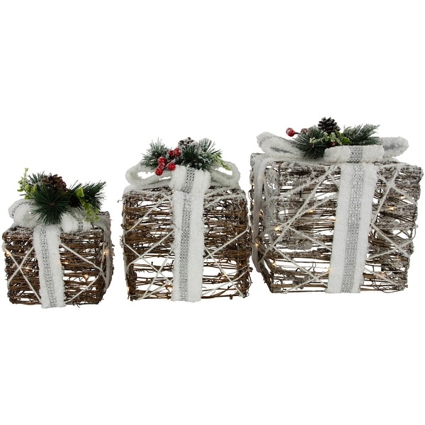 Set of 3 LED Gift Boxes With Pine Berries Christmas Decorations 9.75