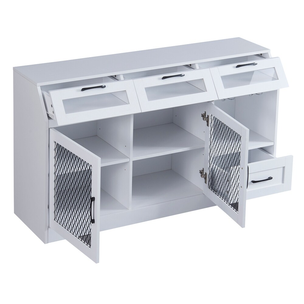 Kitchen Sideboard Multifunctional Buffet Cabinet with Drawers  Mesh Metal Doors and Wineglass Holders