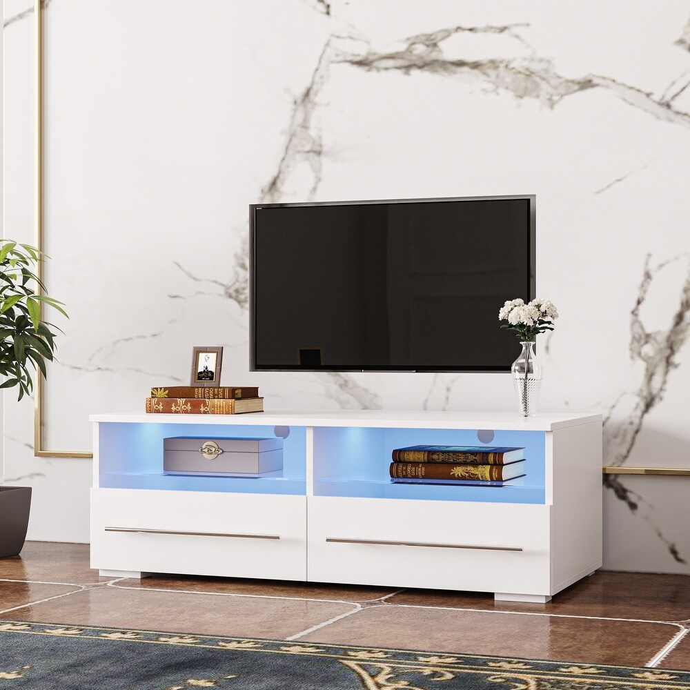 Modern TV Console with 16 Color LED Remote Control Lights Media Console Entertainment Center with 2 Drawers   2 Open Shelves