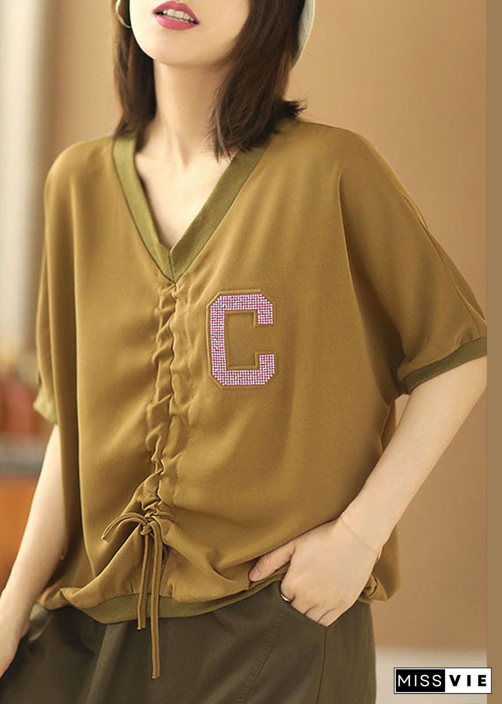 Women Khaki V Neck Drawstring Letter Blouse Tops Short Sleeve